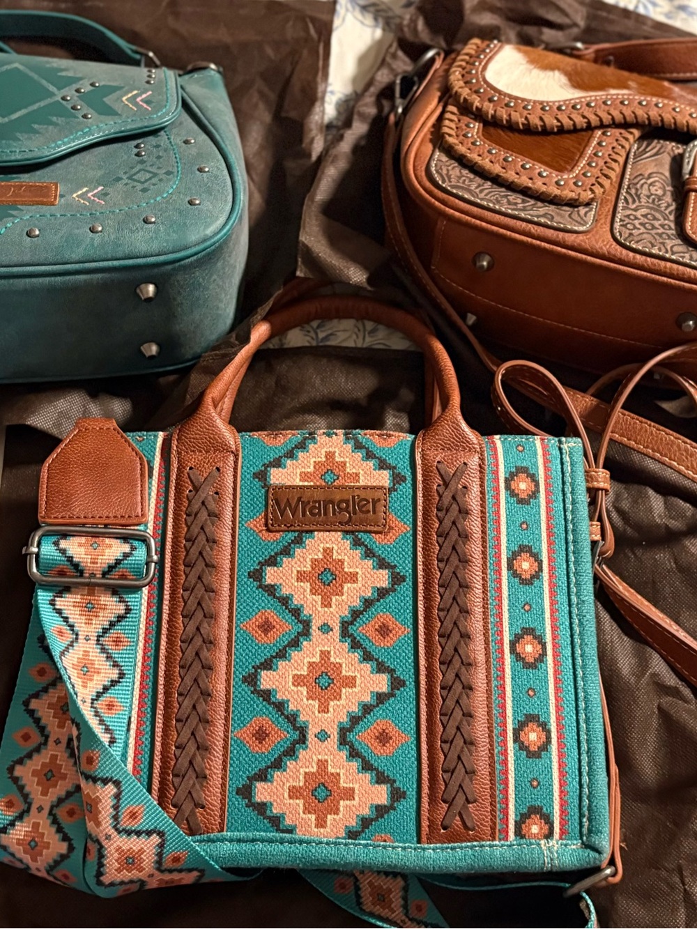 Lot of 3 Wrangler & Trinity Ranch Bags, women, real leather, Cow Hide.